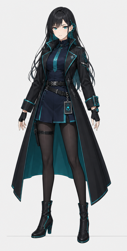 Full-body character reference for Aila Trace in a dark investigator-idol outfit with teal accents.